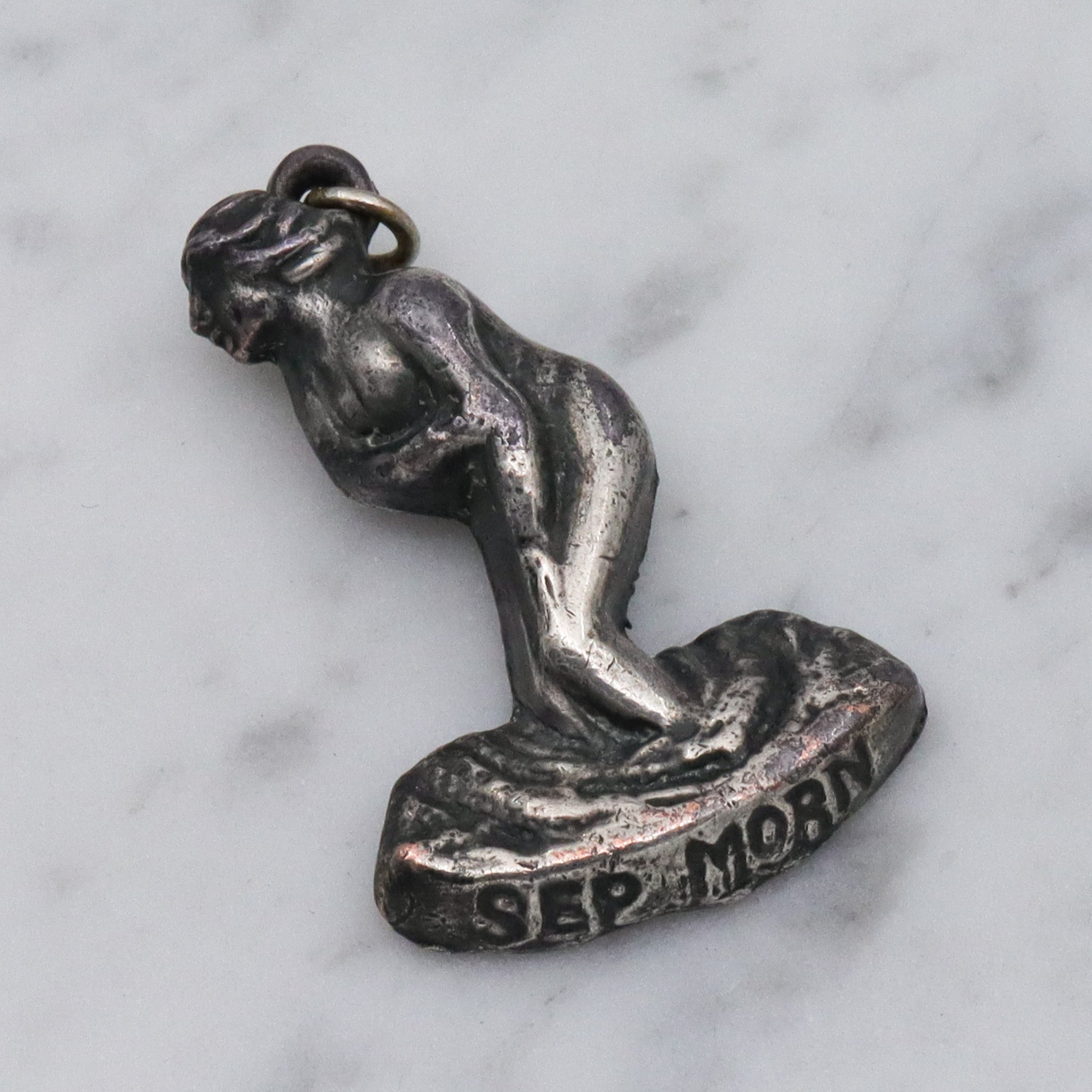 Rare Antique silver plated "September Mourn" statue charm pendant